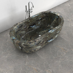 Serelle Celestia Blue Quartzite bathtub, studio top interior and drain visualization