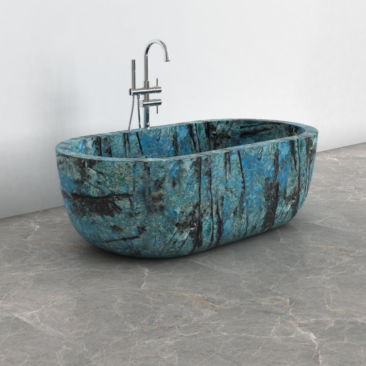 Serelle Danube Blue Quartzite bathtub, studio front-view visualization
