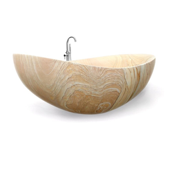 Elaris Natural Sandstone boat-form bathtub, studio reference three-quarter visualization