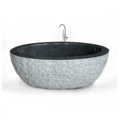 Noctelle BT-167A Absolute Black Granite bush-hammer freestanding soaking bathtub, full-frame top and interior view