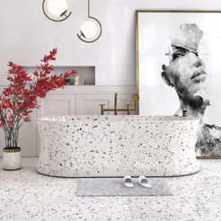 Avena BT-129A Alba White Terrazzo freestanding bathtub design rendering, three-quarter view