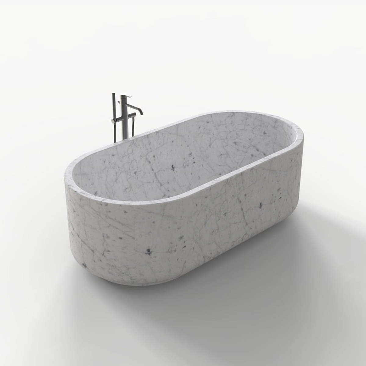 Lysenne BT-130A Carrara White Marble freestanding bathtub design rendering, three-quarter view