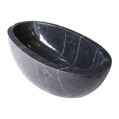 Aveline Portoro Black Marble freestanding soaking bathtub, full-frame studio three-quarter view