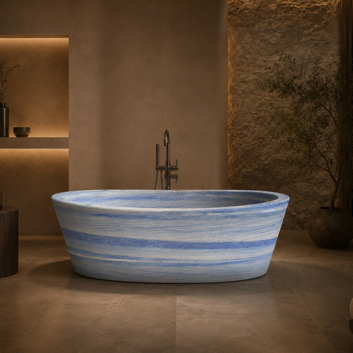 Calia BT-014A Azura Blue Quartzite freestanding soaking bathtub in a refined warm spa bathroom, second styled visualization