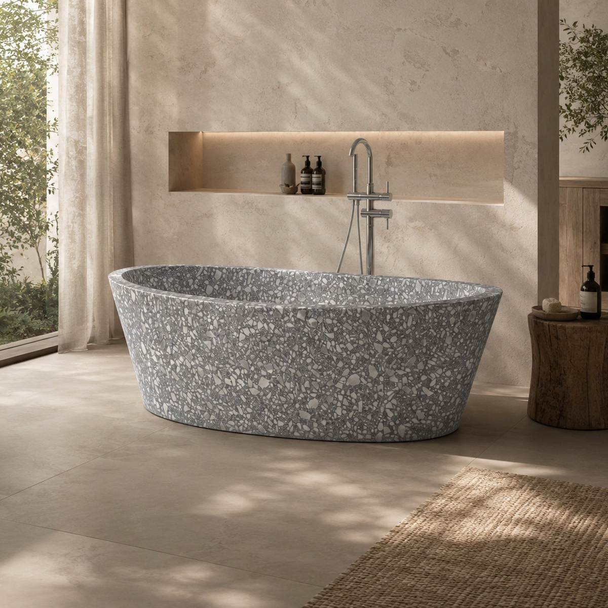 Calia Silver Grey Terrazzo freestanding soaking bathtub, styled lifestyle bathroom visualization