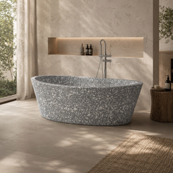 Calia Silver Grey Terrazzo freestanding soaking bathtub, styled lifestyle bathroom visualization
