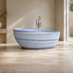 Navira Azura Blue Quartzite freestanding soaking bathtub, styled lifestyle bathroom visualization