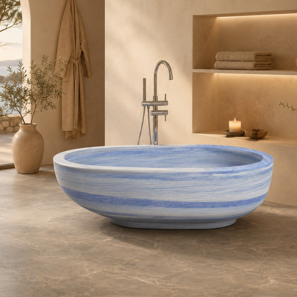 Soreia Azura Blue Quartzite freestanding soaking bathtub, styled hero bathroom visualization