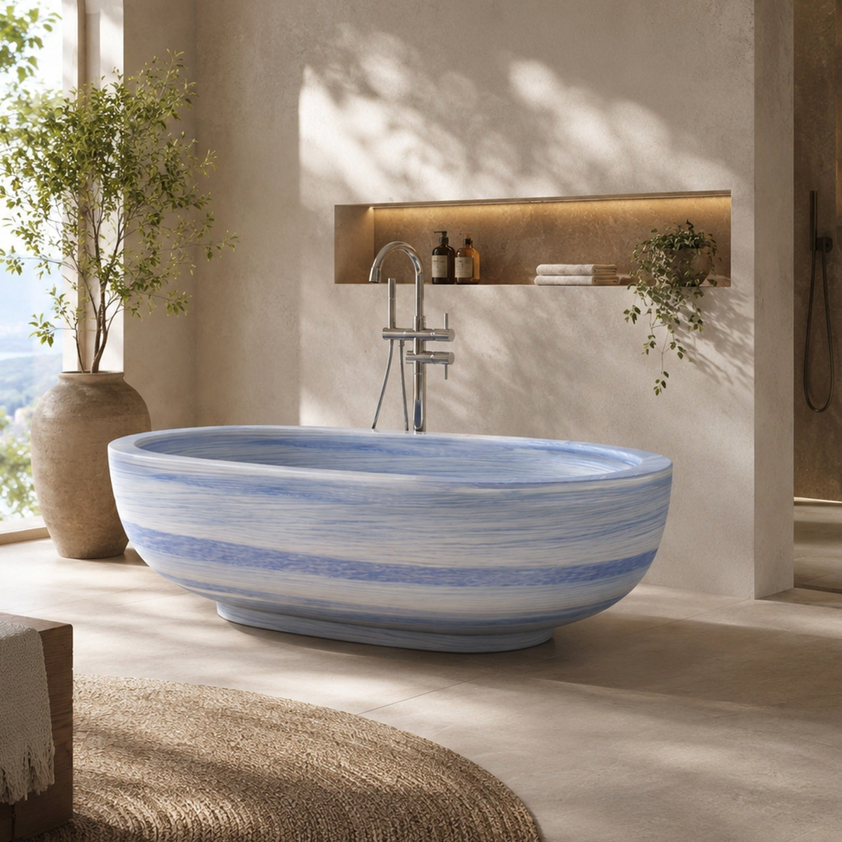 Soreia Azura Blue Quartzite freestanding soaking bathtub, styled lifestyle bathroom visualization