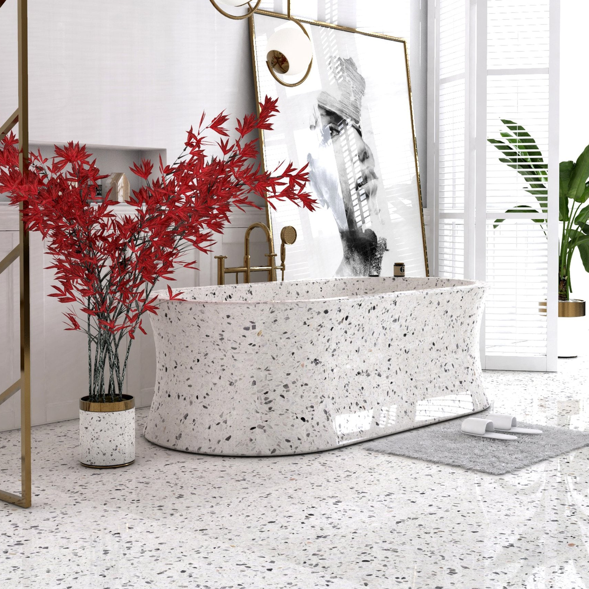 Avena BT-129A Alba White Terrazzo freestanding bathtub in a bright contemporary bathroom, exact-source design rendering