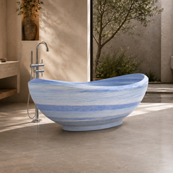 Yuna Azura Blue Quartzite soaking bathtub in a courtyard-connected luxury bathroom, styled visualization