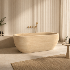 Talora BT-147A Beige Classico Travertine freestanding soaking bathtub in a fluted-wall luxury spa bathroom, second lifestyle view