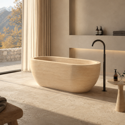 Talora BT-147A Beige Classico Travertine freestanding soaking bathtub in a sunlit mountain-view bathroom, third lifestyle view