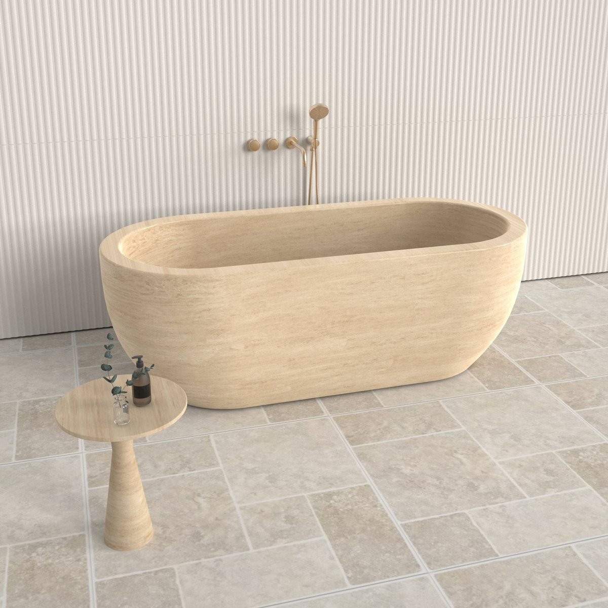 Talora BT-147A Beige Classico Travertine freestanding soaking bathtub, exact-source top and interior design rendering