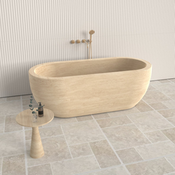 Talora BT-147A Beige Classico Travertine freestanding soaking bathtub, exact-source top and interior design rendering
