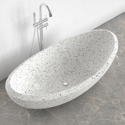 Yuna BT-032A alba-white-terrazzo freestanding soaking bathtub, contextual top and interior view