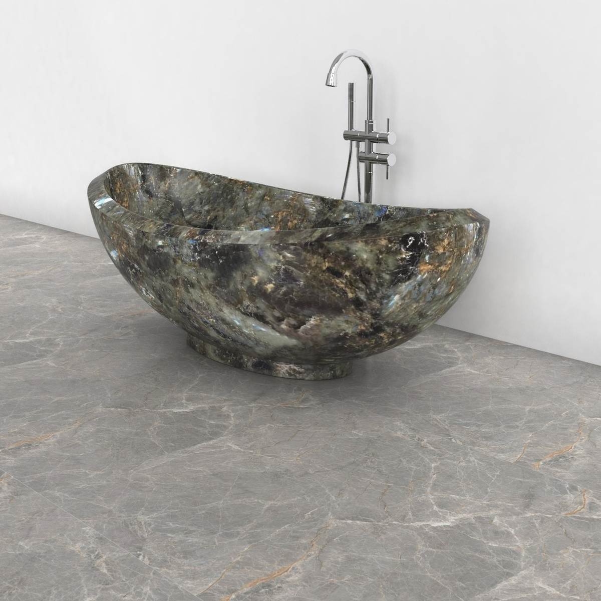 Yuna Celestia Blue Quartzite soaking bathtub, exact-source studio three-quarter view