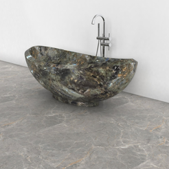 Yuna Celestia Blue Quartzite soaking bathtub, exact-source studio three-quarter view