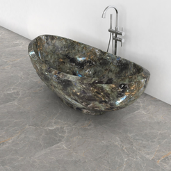 Yuna Celestia Blue Quartzite bathtub, exact-source top interior view showing basin, stone texture and drain