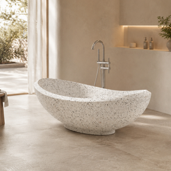 Yuna BT-032A alba-white-terrazzo freestanding soaking bathtub in a warm neutral architectural bathroom, hero lifestyle view