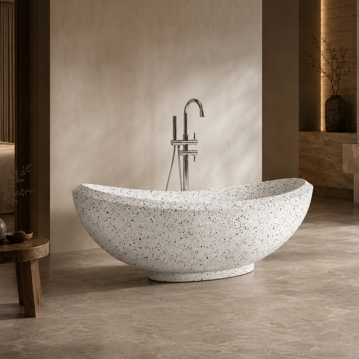 Yuna BT-032A alba-white-terrazzo freestanding soaking bathtub in a quiet contemporary boutique-hotel bathroom