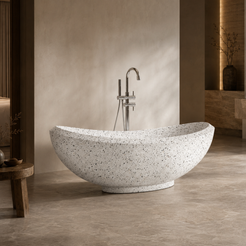 Yuna BT-032A alba-white-terrazzo freestanding soaking bathtub in a quiet contemporary boutique-hotel bathroom