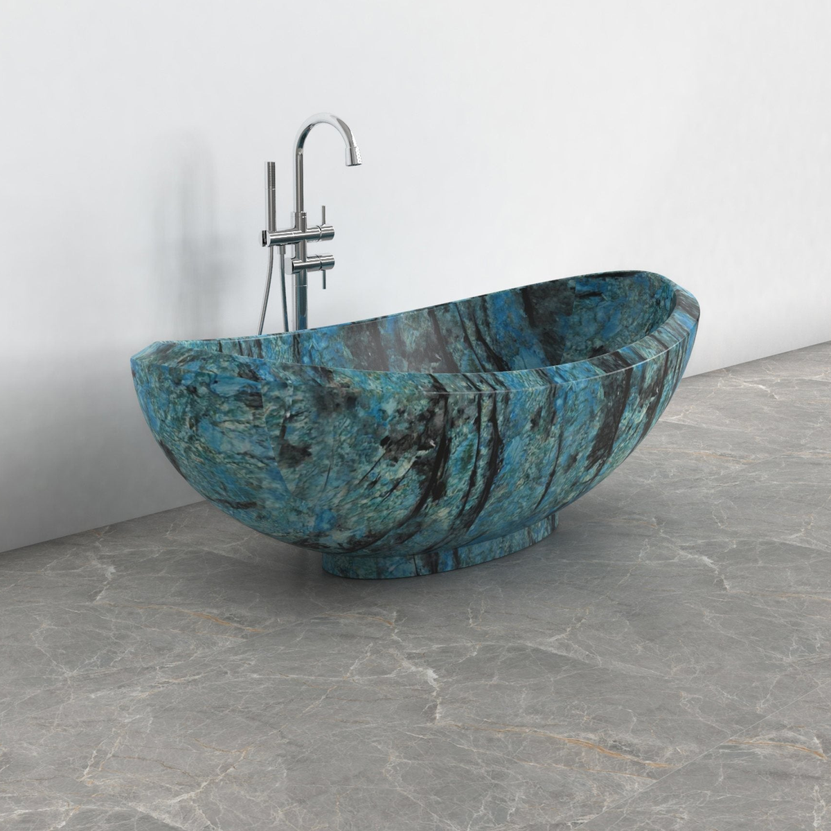 Yuna Danube Blue Quartzite soaking bathtub, exact-source studio three-quarter view