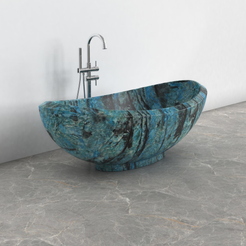 Yuna Danube Blue Quartzite soaking bathtub, exact-source studio three-quarter view