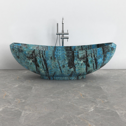 Yuna Danube Blue Quartzite bathtub, exact-source front view showing raised rim and turquoise-blue mineral movement