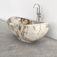 Yuna Pandora Blanc Quartzite freestanding soaking bathtub, exact-source studio three-quarter view
