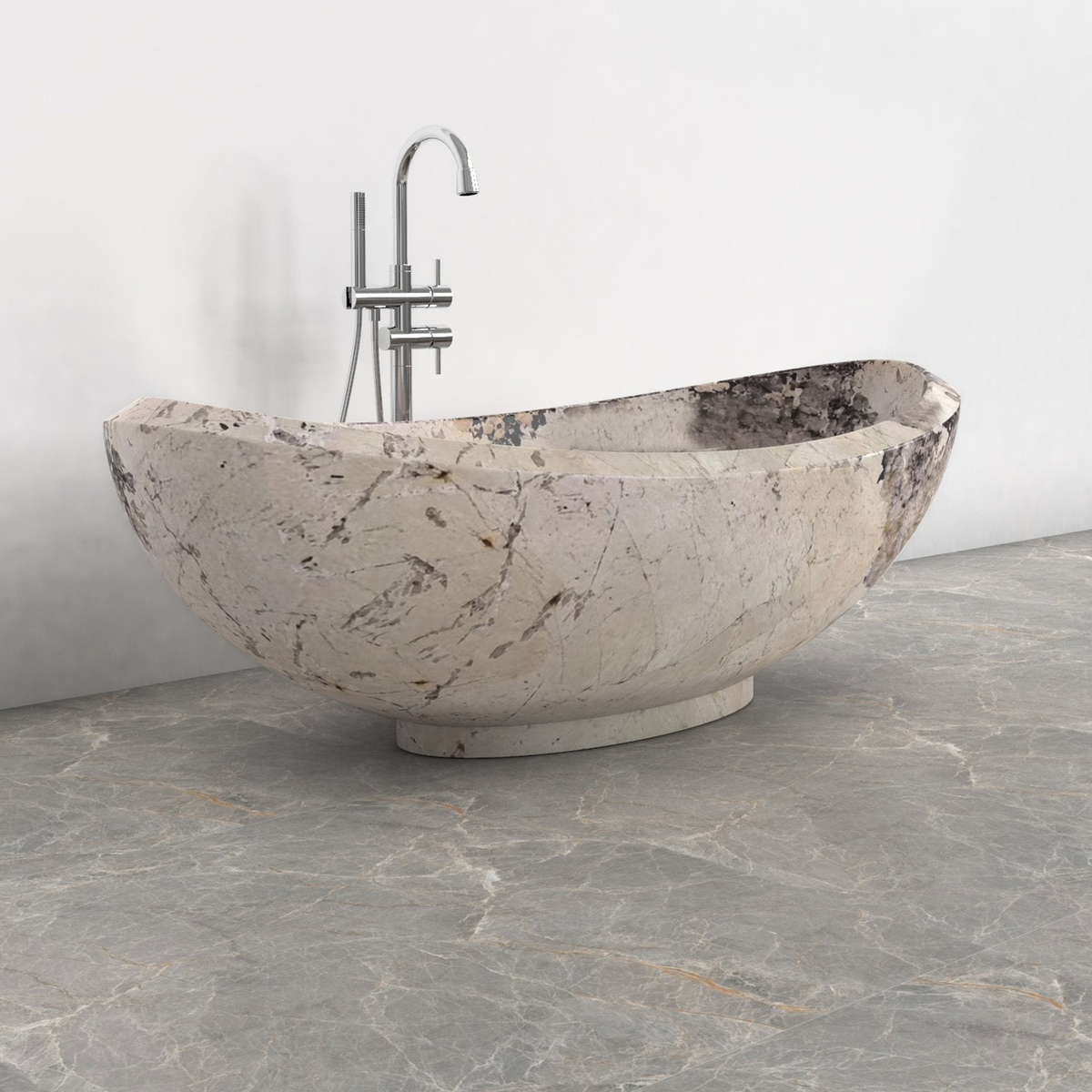 Yuna Pandora Blanc Quartzite soaking bathtub, exact-source top interior and centered drain view