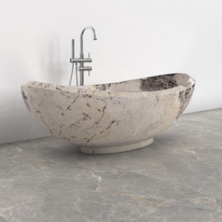 Yuna Pandora Blanc Quartzite soaking bathtub, exact-source top interior and centered drain view