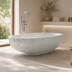 Selvara BT-134A alba-white-terrazzo freestanding soaking bathtub in a warm neutral architectural bathroom, hero lifestyle view