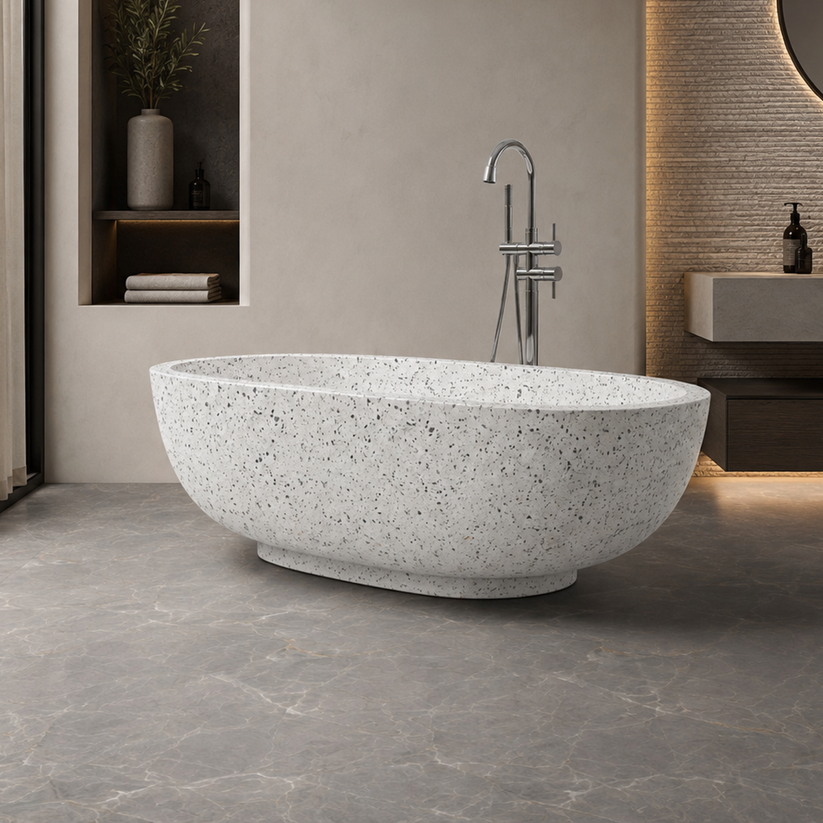 Selvara BT-134A alba-white-terrazzo freestanding soaking bathtub in a quiet contemporary boutique-hotel bathroom