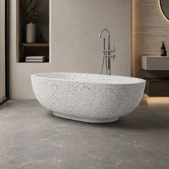Selvara BT-134A alba-white-terrazzo freestanding soaking bathtub in a quiet contemporary boutique-hotel bathroom