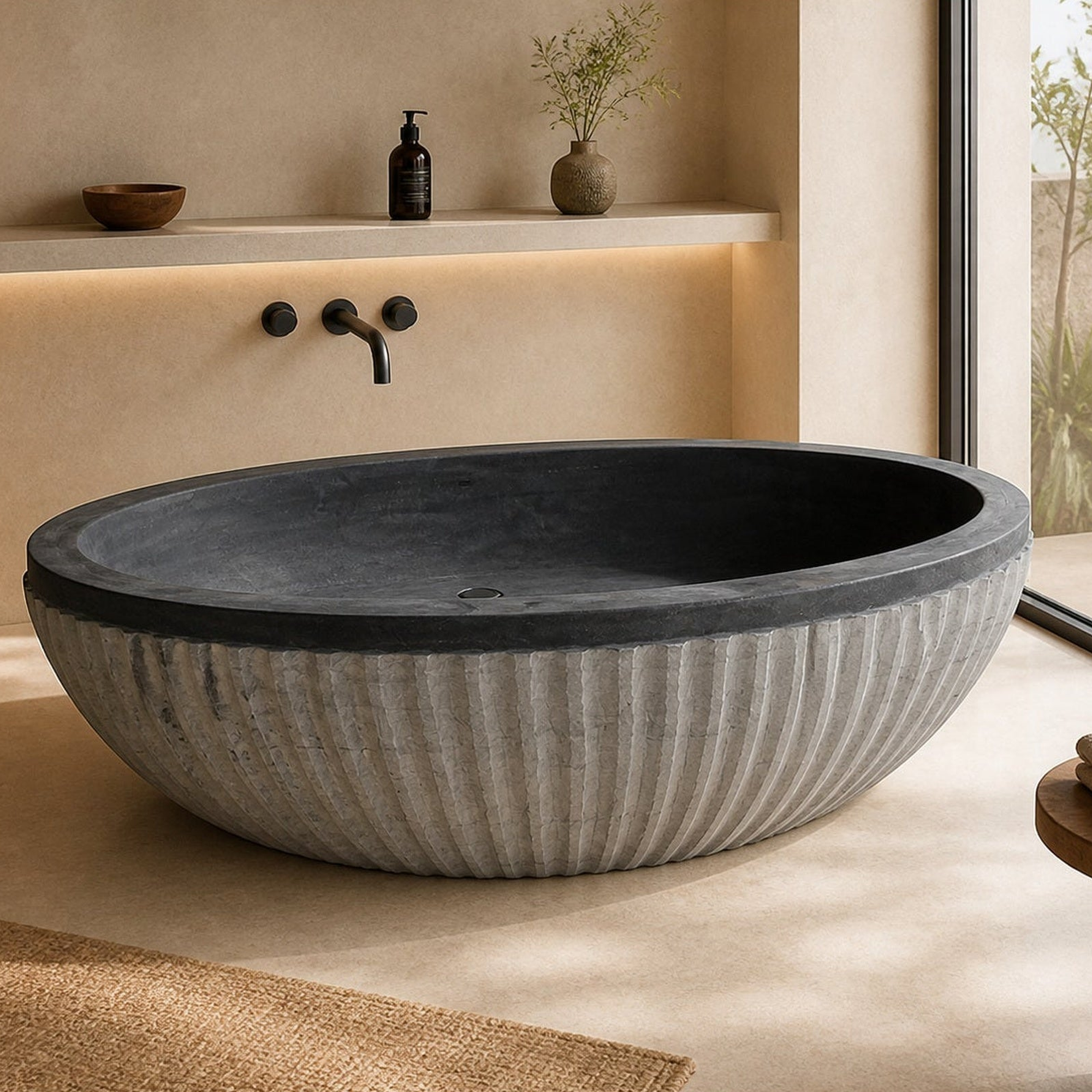 Rivelle BT-039A Midnight Black Granite bathtub, complete styled bathroom view 1; original silhouette and finish preserved