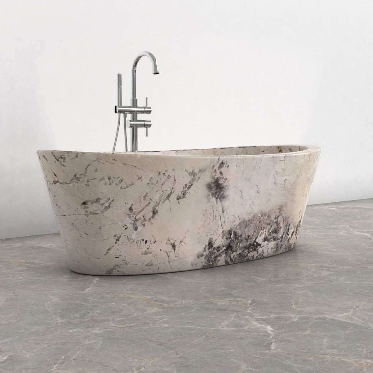 Calia BT-014A Pandora Blanc Quartzite bathtub studio visualization, reference view 4, reframed from the existing gallery with complete silhouette, rim and material direction preserved