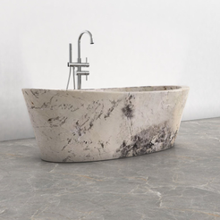 Calia BT-014A Pandora Blanc Quartzite bathtub studio visualization, reference view 4, reframed from the existing gallery with complete silhouette, rim and material direction preserved