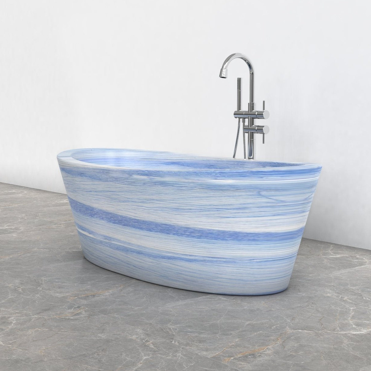 Calia BT-014A Azura Blue Quartzite bathtub studio visualization, reference view 3, reframed from the existing gallery with complete silhouette, rim and material direction preserved