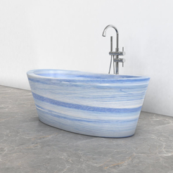 Calia BT-014A Azura Blue Quartzite bathtub studio visualization, reference view 3, reframed from the existing gallery with complete silhouette, rim and material direction preserved
