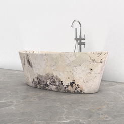 Calia BT-014A Pandora Blanc Quartzite bathtub studio visualization, reference view 3, reframed from the existing gallery with complete silhouette, rim and material direction preserved