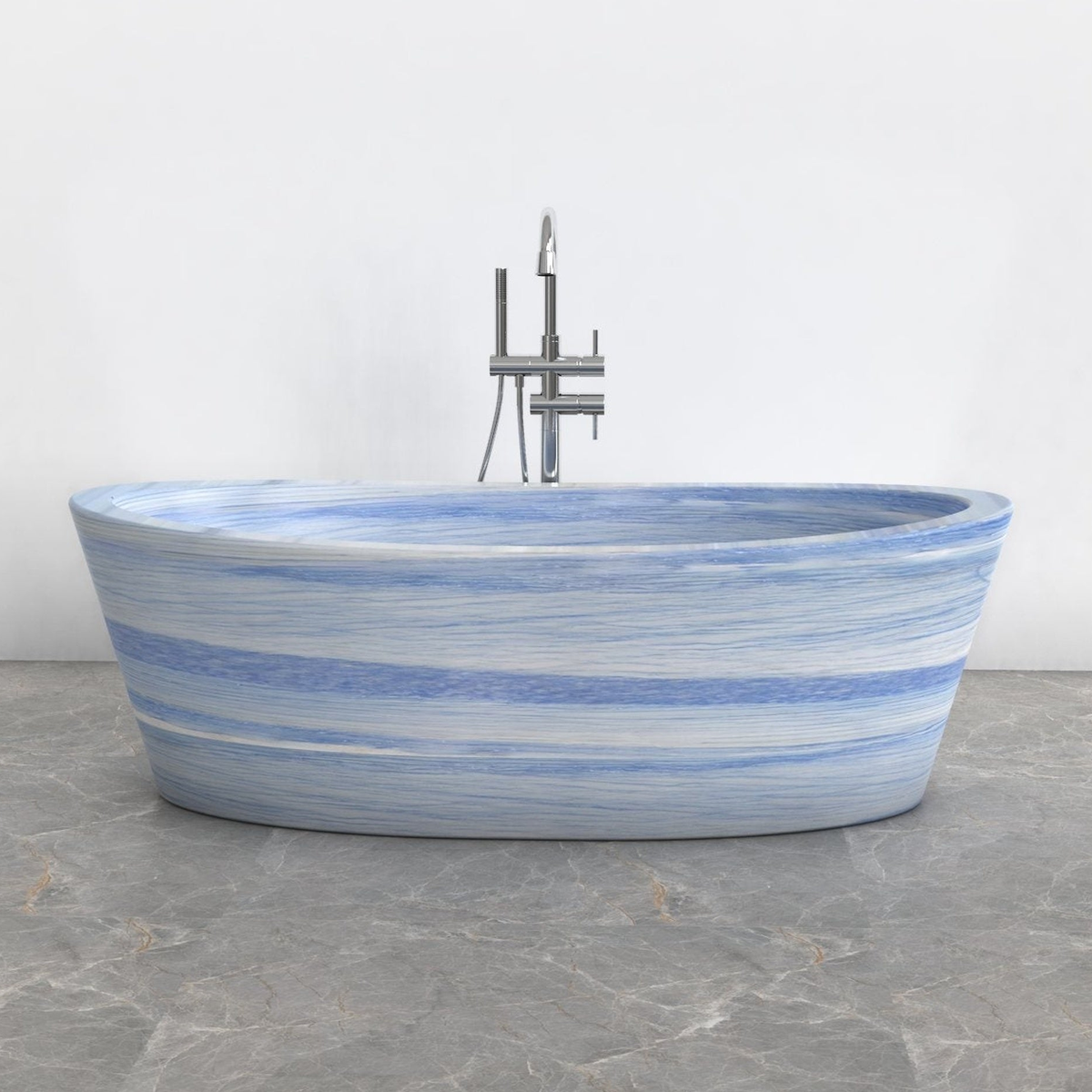 Calia BT-014A Azura Blue Quartzite bathtub studio visualization, reference view 4, reframed from the existing gallery with complete silhouette, rim and material direction preserved