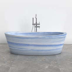 Calia BT-014A Azura Blue Quartzite bathtub studio visualization, reference view 4, reframed from the existing gallery with complete silhouette, rim and material direction preserved