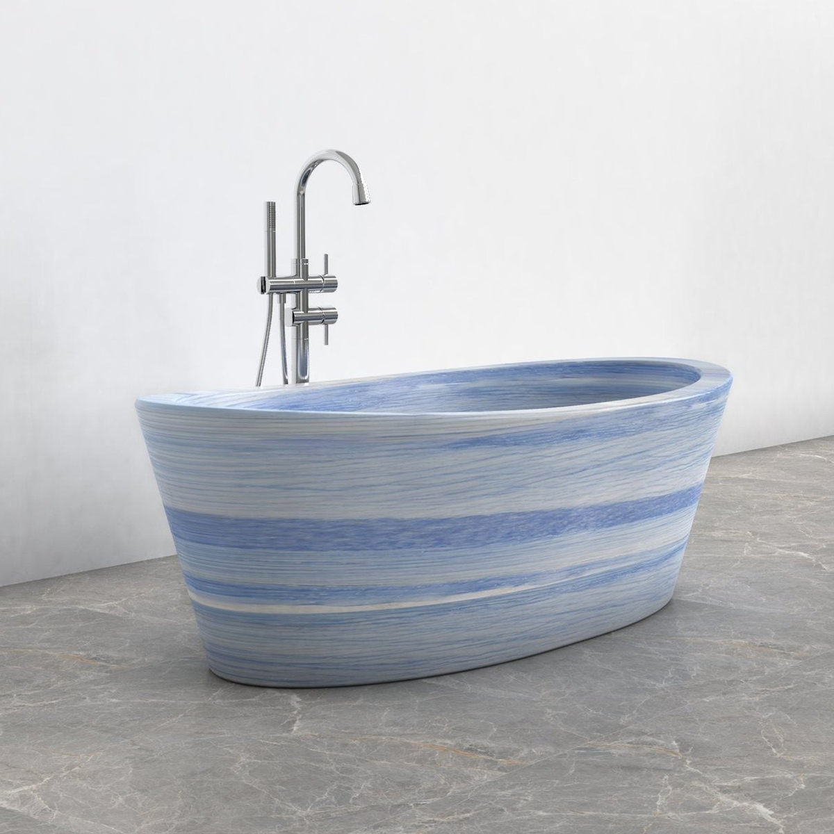 Calia BT-014A Azura Blue Quartzite bathtub studio visualization, reference view 5, reframed from the existing gallery with complete silhouette, rim and material direction preserved