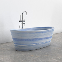 Calia BT-014A Azura Blue Quartzite bathtub studio visualization, reference view 5, reframed from the existing gallery with complete silhouette, rim and material direction preserved