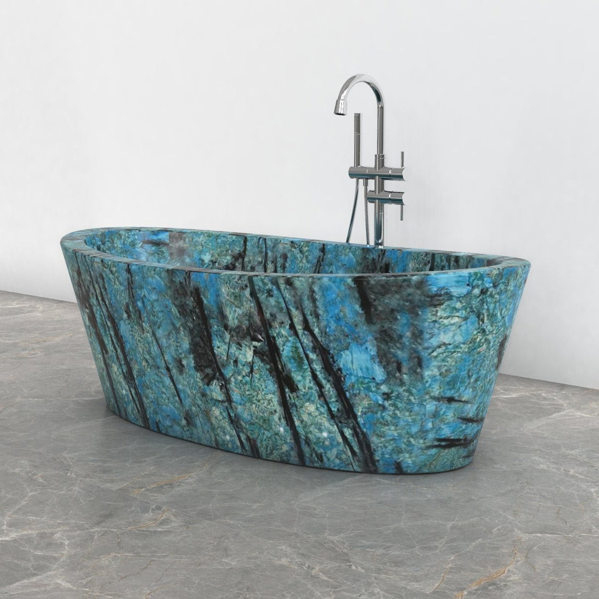 Calia BT-014A Danube Blue Quartzite bathtub studio visualization, reference view 3, reframed from the existing gallery with complete silhouette, rim and material direction preserved