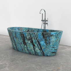Calia BT-014A Danube Blue Quartzite bathtub studio visualization, reference view 3, reframed from the existing gallery with complete silhouette, rim and material direction preserved