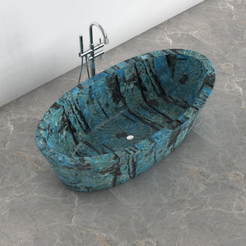 Calia BT-014A Danube Blue Quartzite bathtub studio visualization, reference view 4, reframed from the existing gallery with complete silhouette, rim and material direction preserved