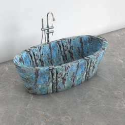 Calia BT-014A Danube Blue Quartzite bathtub studio visualization, reference view 8, reframed from the existing gallery with complete silhouette, rim and material direction preserved