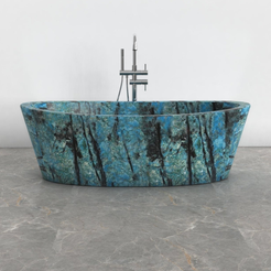 Calia BT-014A Danube Blue Quartzite bathtub studio visualization, reference view 6, reframed from the existing gallery with complete silhouette, rim and material direction preserved